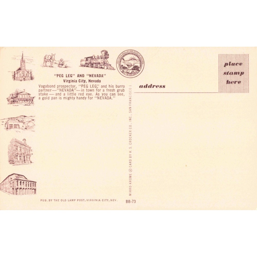 Vintage Peg Leg and Nevada Burro Postcard Virginia City Nevada Mirro-Krome BB-73 - Picture 2 of 2